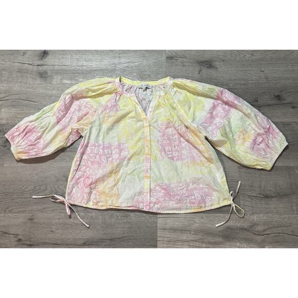 Kerri Rosenthal Cotton Blouse Multicolored Boho Puff Sleeve XL Pink Yellow White - Picture 1 of 10